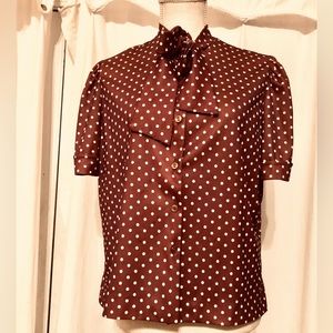 Custom Made Brown & White Polka Dot Blouse size Medium